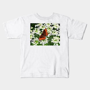 Orange Butterfly on white Lace Flowers Kids T-Shirt